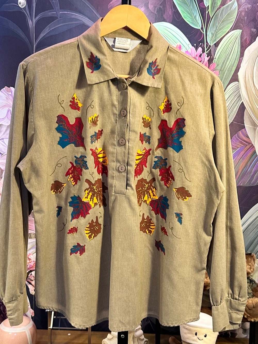 Blair 14P Khaki Autumn Leaves Printed Tunic Shirt Artsy Cottagecore